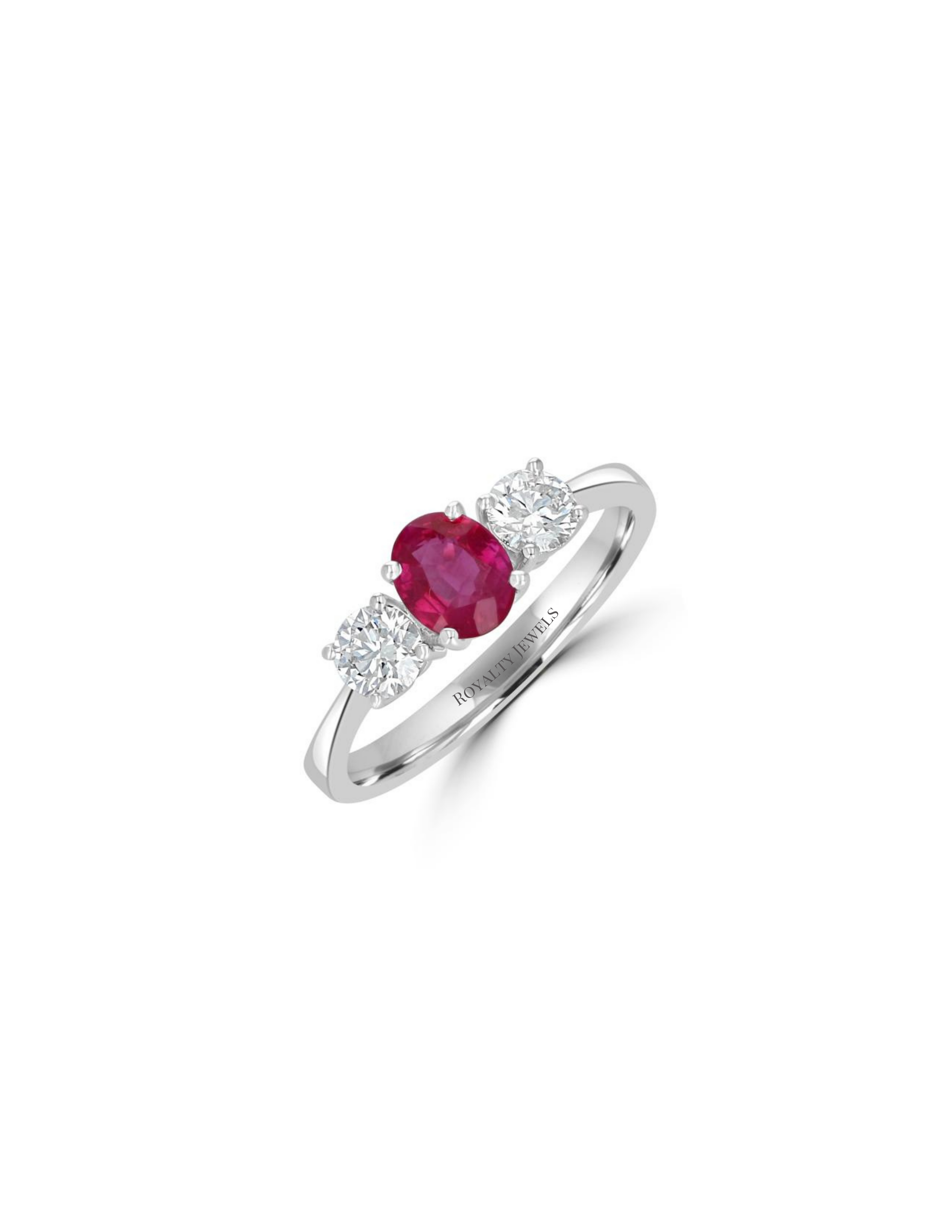 Three-stone 14K white gold ring featuring an oval ruby flanked by two round diamonds on each side.