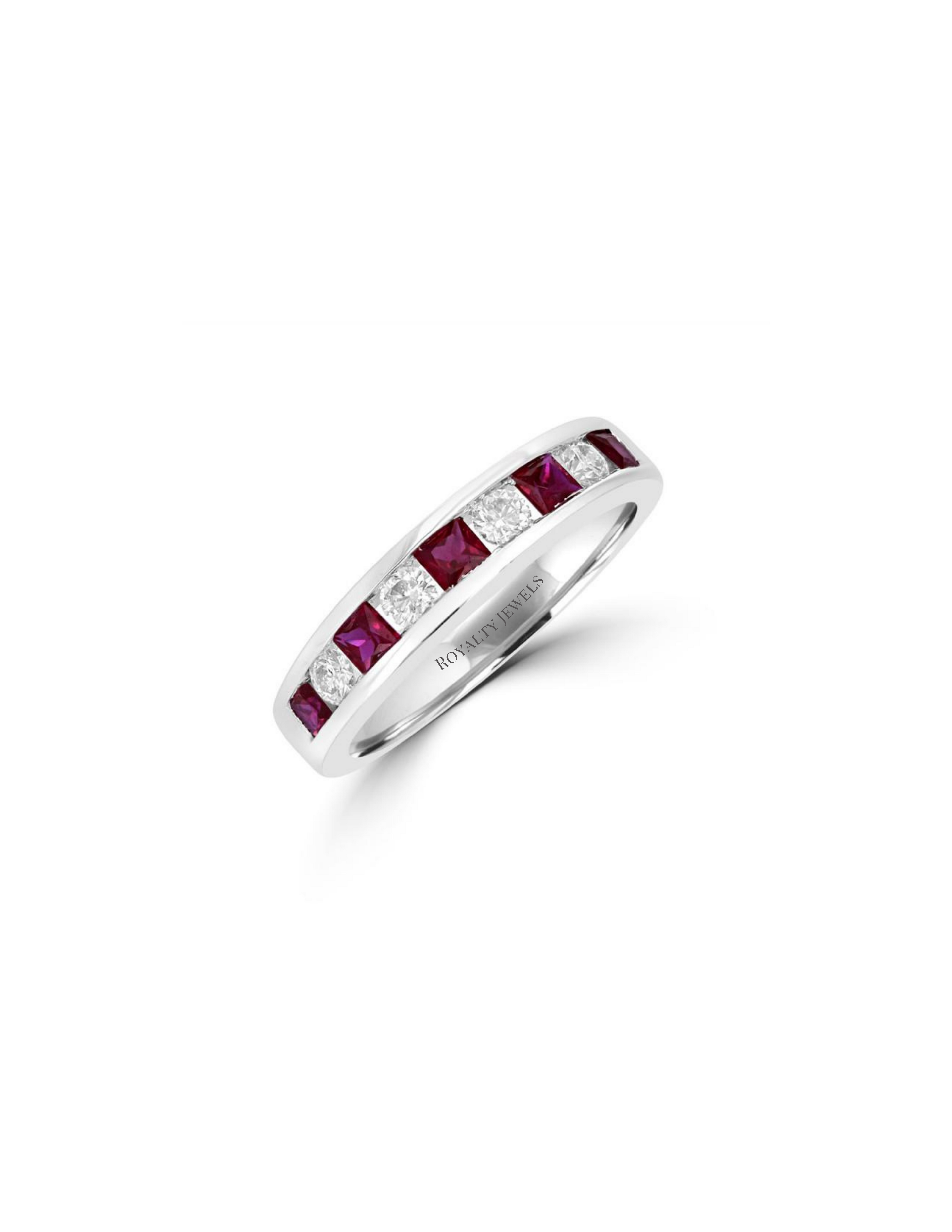 Square ruby and round diamond channel-set band ring in 14K white gold